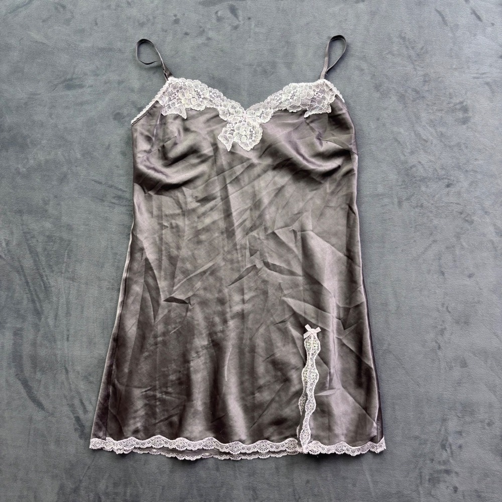 Victorias Secret Satin Lace Trim‎ Slip Dress Grey Pink Chemise Medium Vintage